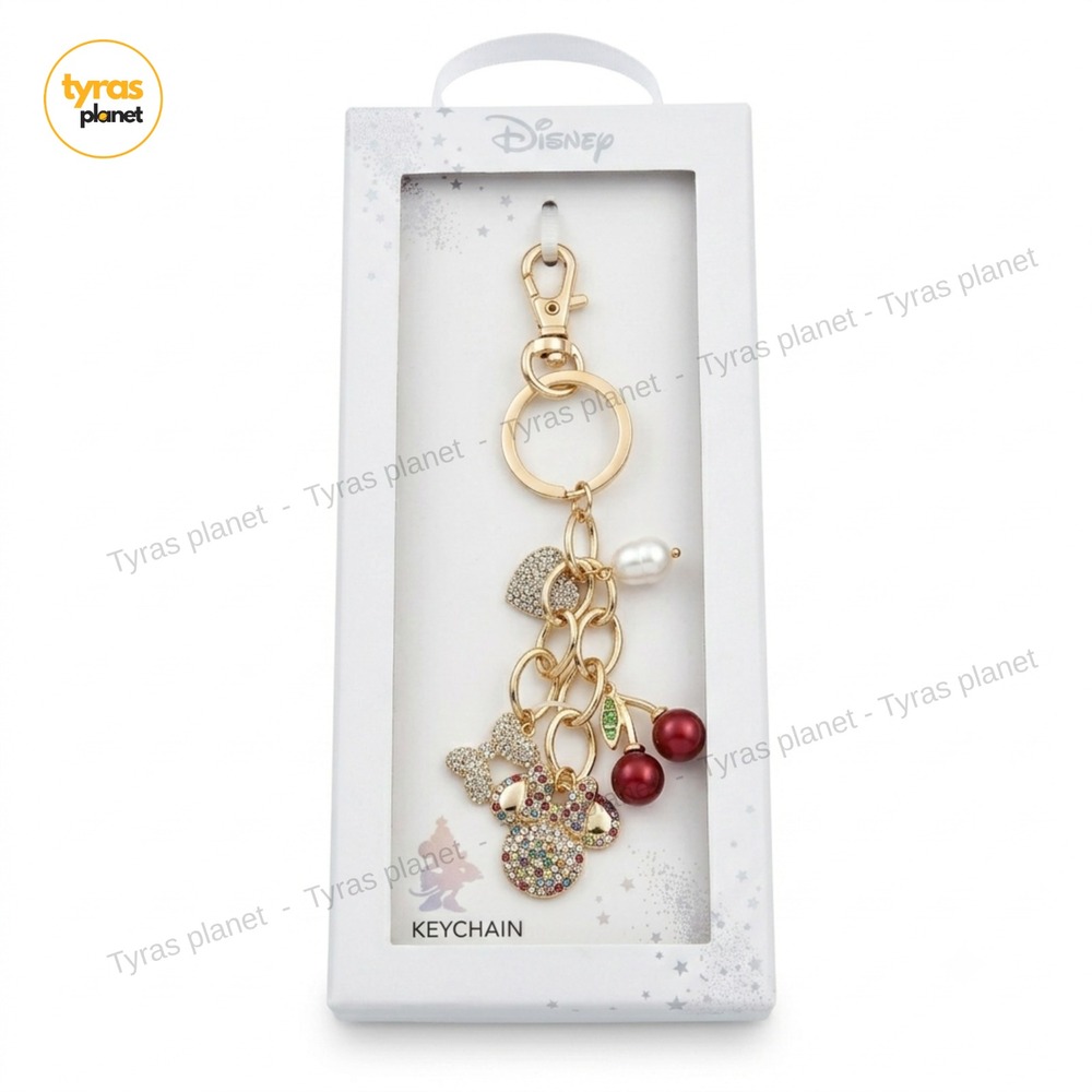 Disney Minnie Mouse Heart Bow & Cherries Crystal Bag Charm Keychain Gold